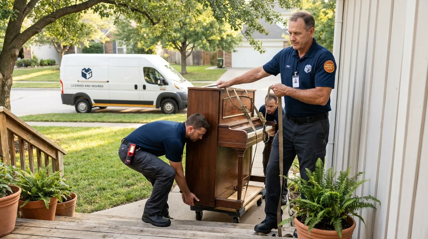 Licensed piano movers securing grand piano in Bluffton, SC