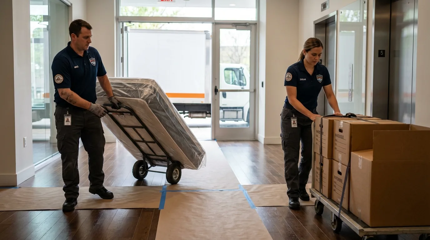 Professional apartment movers loading elevator in Bluffton, SC